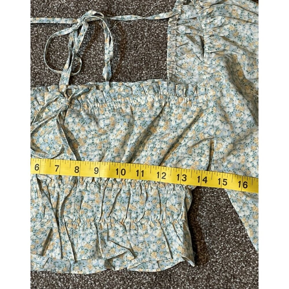 Mable Anthropologie Women FLORAL PUFF SLEEVE Crop Top Medium Size Stretch Green - Picture 8 of 11